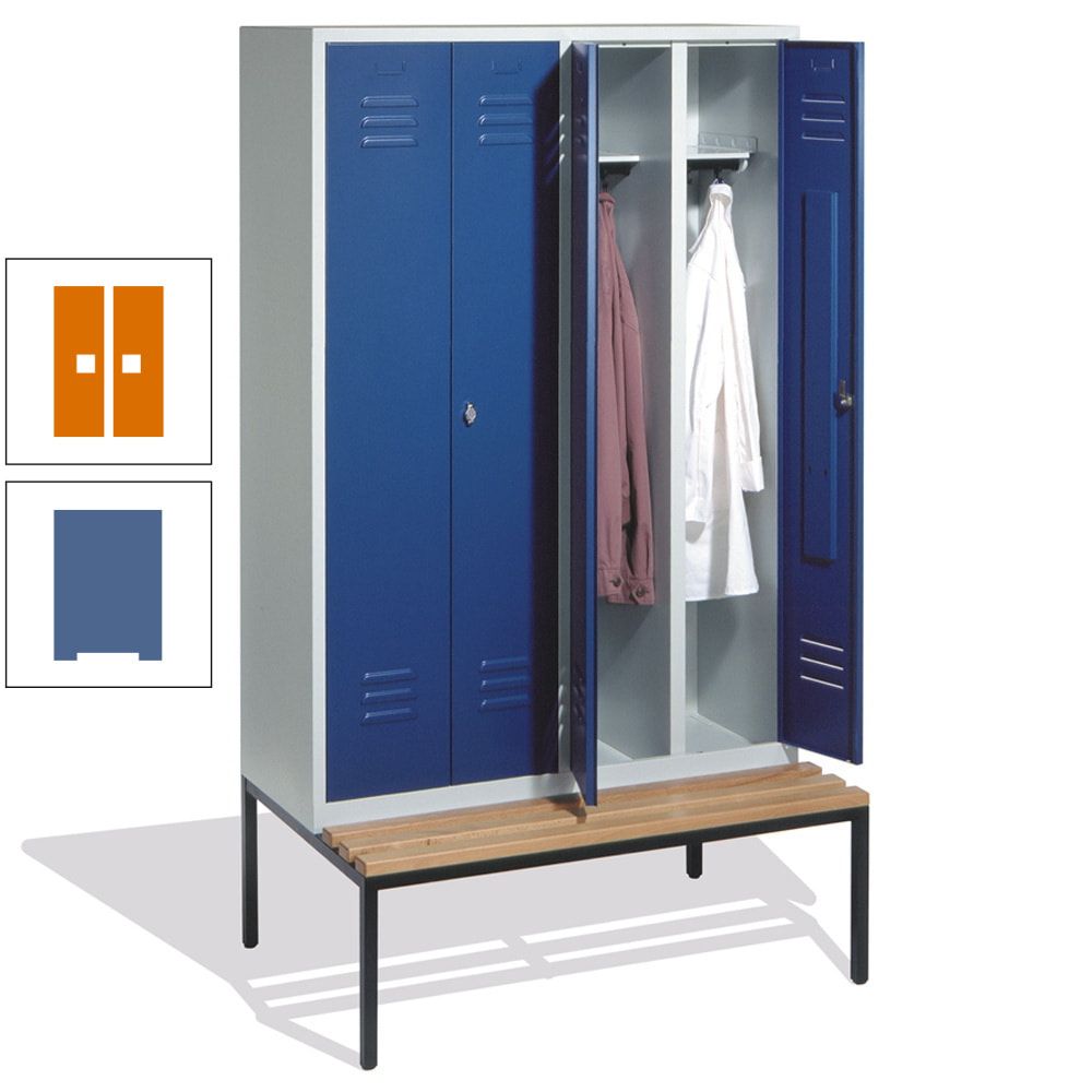 Doppel-Spindschrank, Buche Sitzbank untergebaut, 4 Abteile a 300 mm, Korpus lichtgrau, Tür anthrazitgrau, 2.090 x 1.190 x 815 mm (HxBxT)