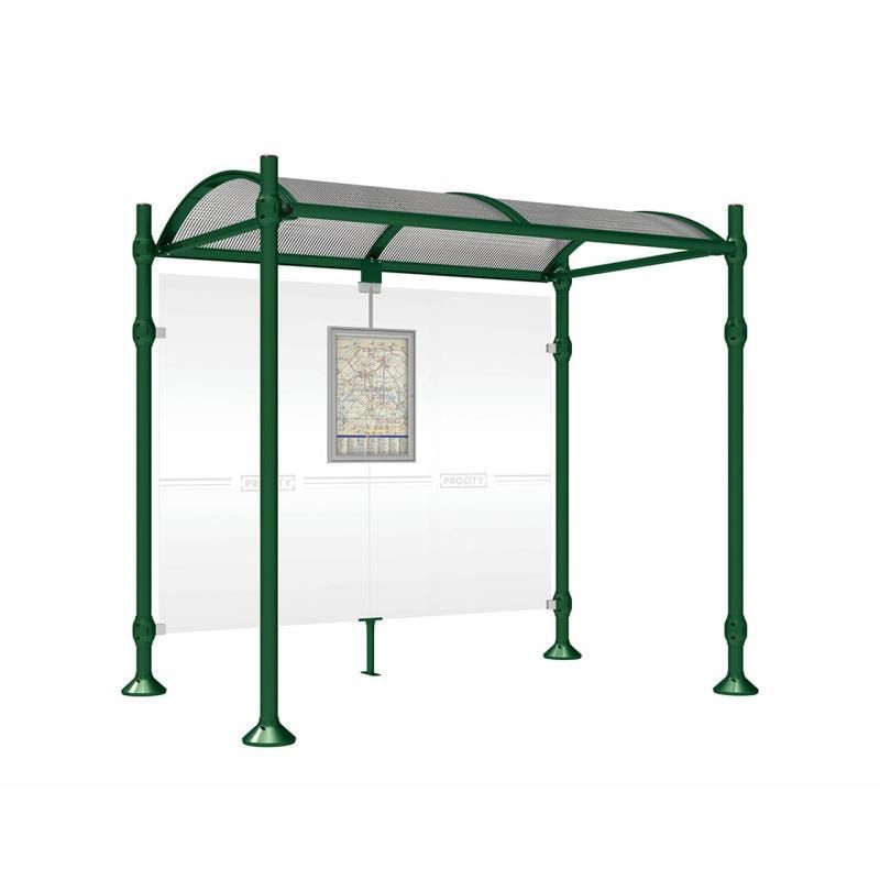 Buswartehalle, Unterstand, 2.500 x 2.500 x 1.600 mm (HxBxT), Kopfmodell Agora, ESG, Fahrplanschaukasten, Farbe enzianblau