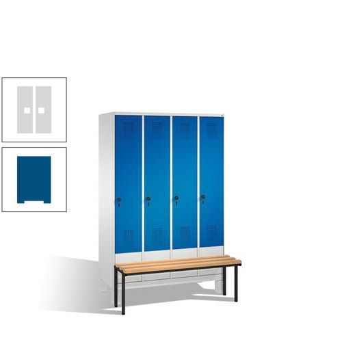 Stahl-Garderobenschrank, Spind, Buche Sitzbank vorgebaut, 4 Abteile a 300 mm, Korpus Lichtgrün, Tür Schwefelgelb, 1.850 x 1.200 x 815 mm (HxBxT)