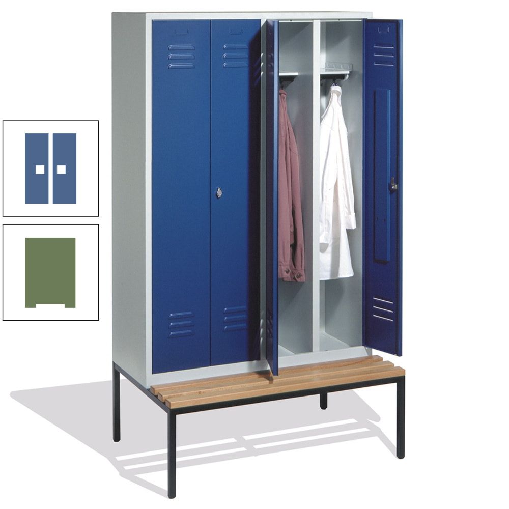 Doppel-Spindschrank, Buche Sitzbank untergebaut, 4 Abteile a 300 mm, Korpus lichtgrau, Tür anthrazitgrau, 2.090 x 1.190 x 815 mm (HxBxT)