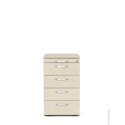 Standcontainer, 4 Schubladen, Ordnungsfach, Zentralverschluss, 720 x 438 x 800 mm (HxBxT), Front Ahorn, Oberboden Ahorn, Korpus Ahorn