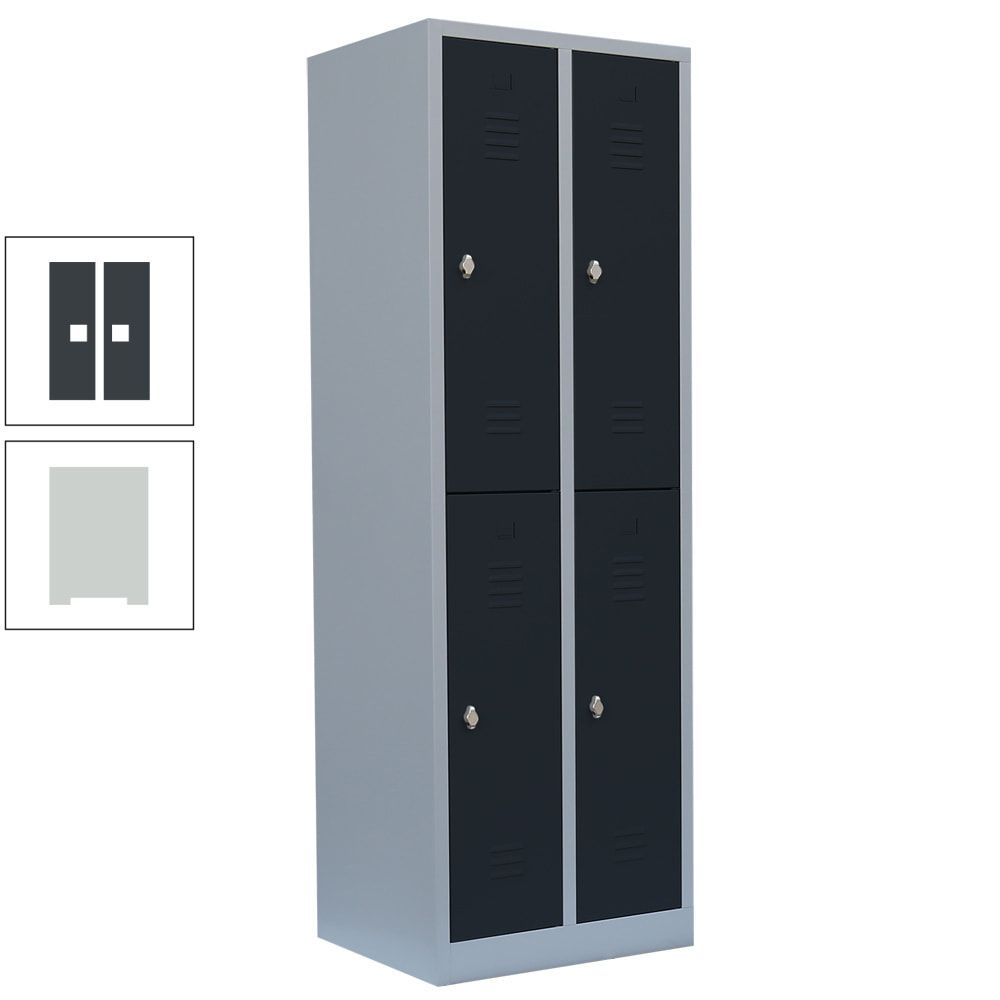 Garderobenschrank, Doppelstockspind, 2 Abteile, 4 Fächer, 1.800 x 600 x 500 mm (HxBxT), Stahl, Drehriegel, Korpus: lichtgrau, Front: anthrazitgrau
