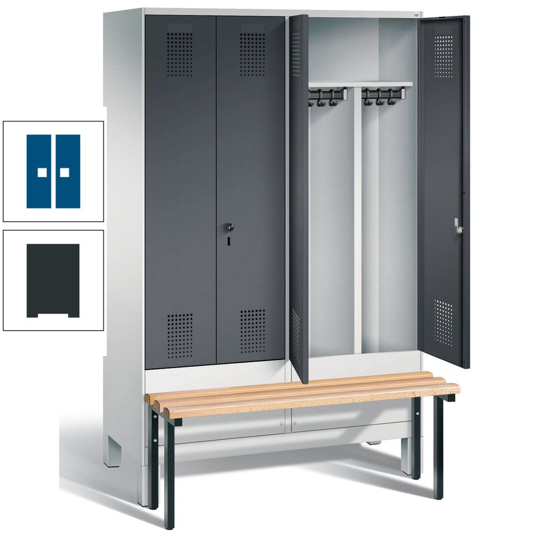 Doppel-Spind, Garderobenschrank, Buche Sitzbank vorgebaut, 4 Abteile a 300 mm, Korpus feuerrot, Tür Wasserblau, 1.850 x 1.200 x 815 mm (HxBxT)