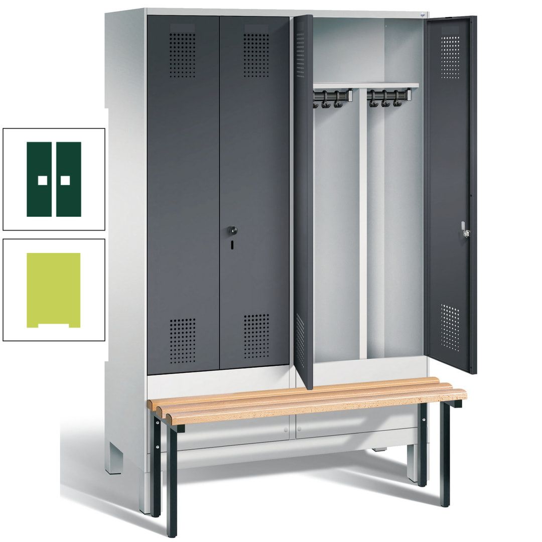 Doppel-Spind, Garderobenschrank, Buche Sitzbank vorgebaut, 4 Abteile a 300 mm, Korpus feuerrot, Tür Wasserblau, 1.850 x 1.200 x 815 mm (HxBxT)