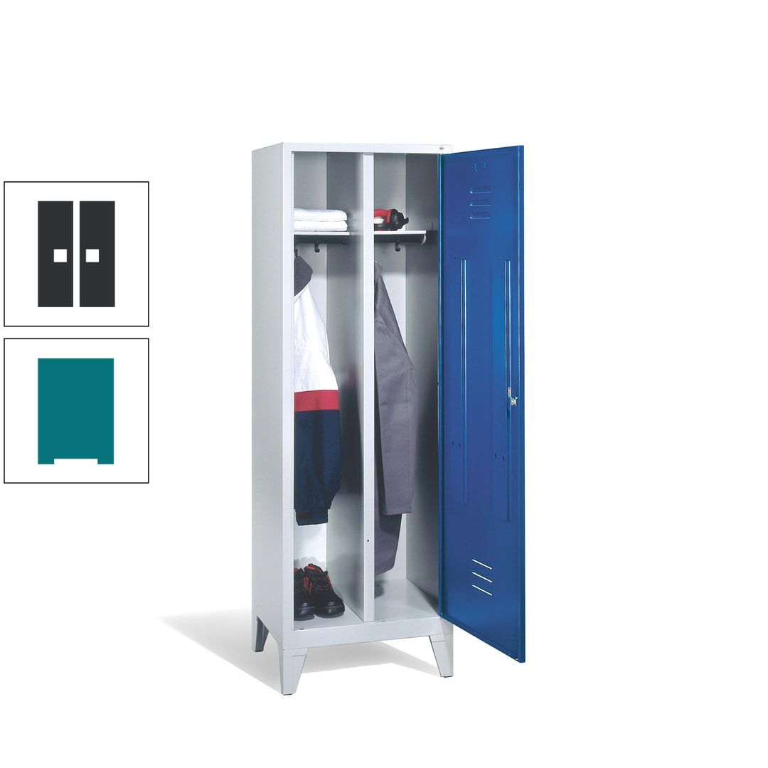 Doppel-Spind mit Großtür, Garderobenschrank mit Füßen, 2 Abteile a 300 mm, Korpus anthrazitgrau, Tür anthrazitgrau, 1.850 x 610 x 500 mm (HxBxT)