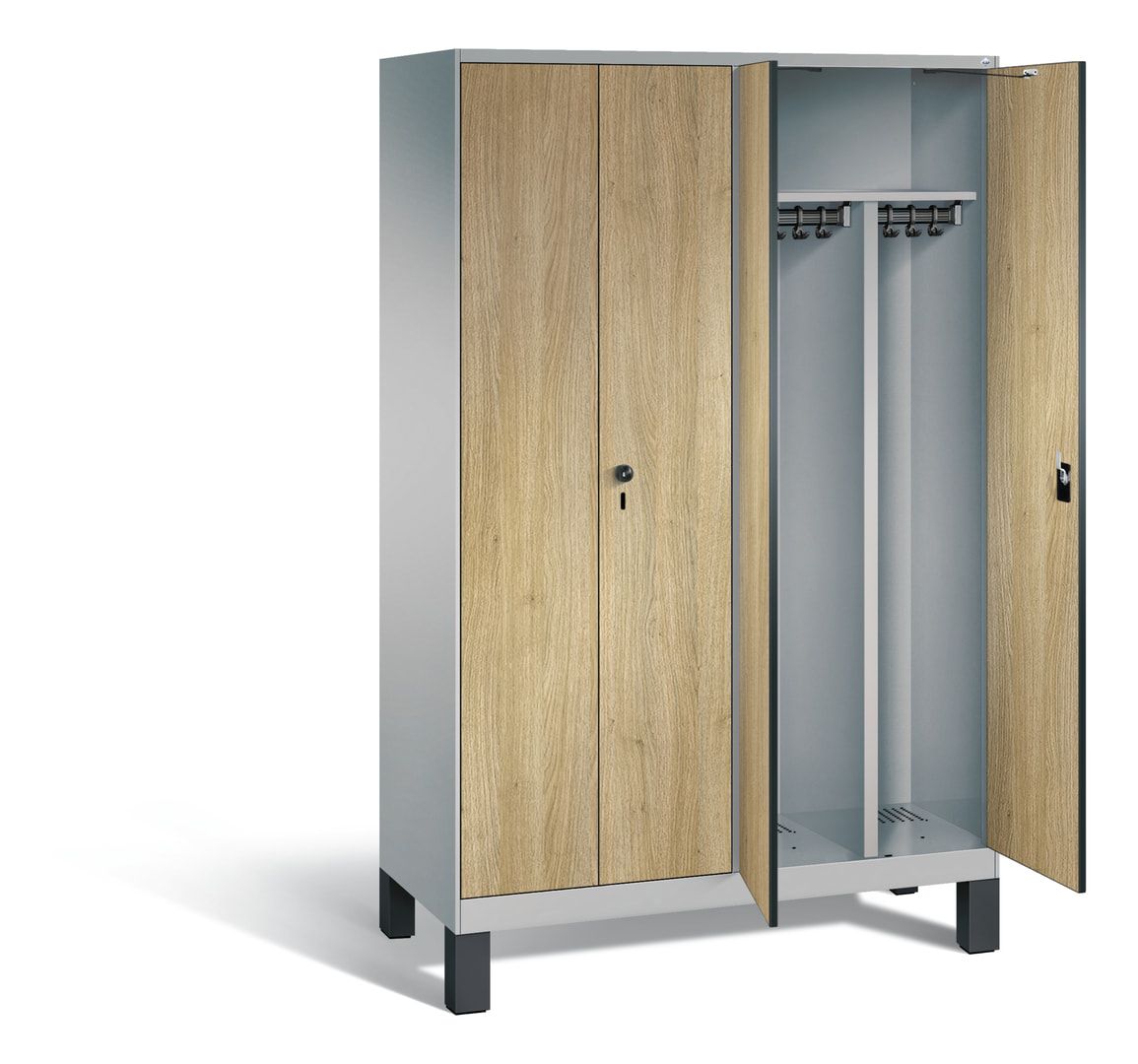 Doppel-Spind, Garderobenschrank mit Füßen, 4 Abteile a 300 mm, Korpus anthrazitgrau, Tür Dekorfront HPL Donau-Ahorn, 1.850 x 1.200 x 500 mm (HxBxT)