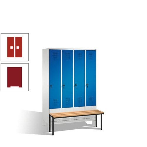 Stahl-Garderobenschrank, Spind, Buche Sitzbank vorgebaut, 4 Abteile a 300 mm, Korpus Lichtgrün, Tür Schwefelgelb, 1.850 x 1.200 x 815 mm (HxBxT)