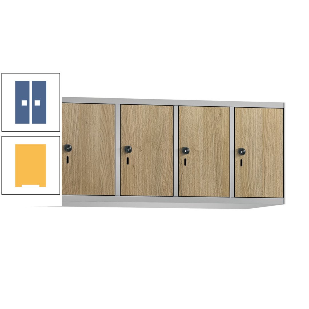 Aufsatzschrank, Schrankaufsatz, 4 Fächer a 300 mm, Farbe Pastellgelb, Tür anthrazitgrau, 500 x 1.200 x 500 mm (HxBxT)
