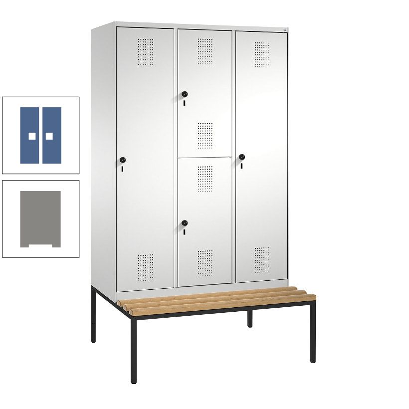 Garderobenschrank, Spind ein- und doppelstöckig Sitzbank, 3 Abteile, 4 Fächer, 2.090x1.200x500 mm (HxBxT), Front anthrazitgrau, Korpus anthrazitgrau