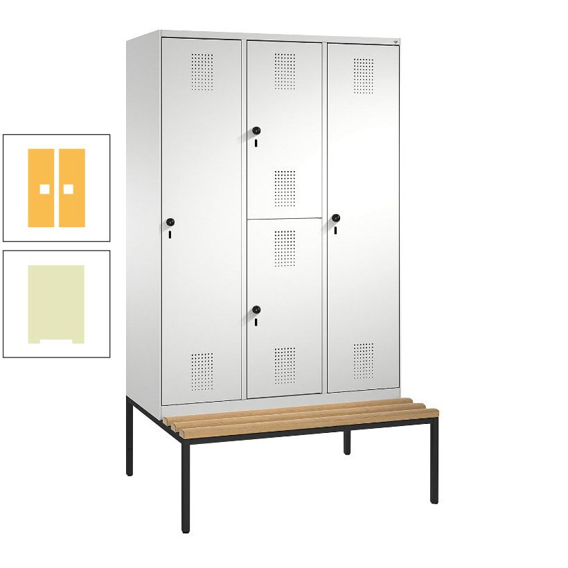 Garderobenschrank, Spind ein- und doppelstöckig Sitzbank, 3 Abteile, 4 Fächer, 2.090x1.200x500 mm (HxBxT), Front anthrazitgrau, Korpus anthrazitgrau