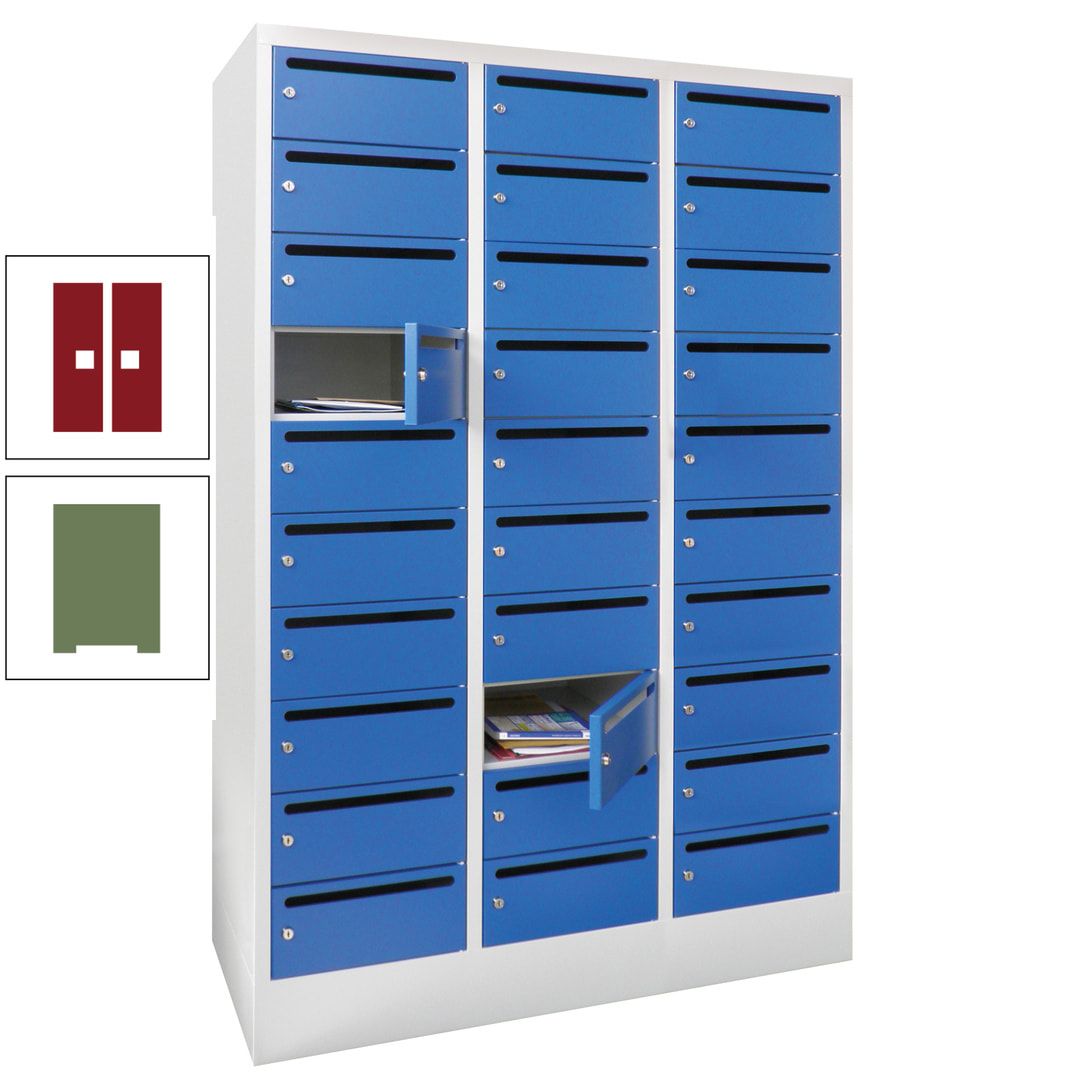 Postverteilerschrank, Schließfachschrank, 3 Abteile a 300 mm, 30 Fächer, 1.850 x 900 x 500 mm (HxBxT), Korpus anthrazitgrau, Front anthrazitgrau