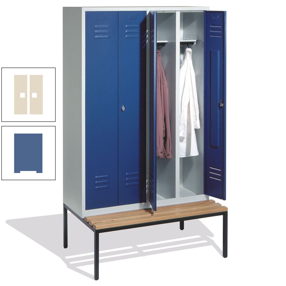 Doppel-Spindschrank, Buche Sitzbank untergebaut, 4 Abteile a 300 mm, Korpus lichtgrau, Tür anthrazitgrau, 2.090 x 1.190 x 815 mm (HxBxT)