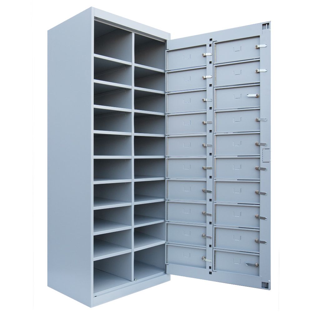 Verteilerschrank, Ausgabeschrank, Fächerschrank, Zentraltür, 2 Abteile, 20 Fächer, 1.800 x 740 x 500 mm (HxBxT), Korpus lichtgrau, Front enzianblau
