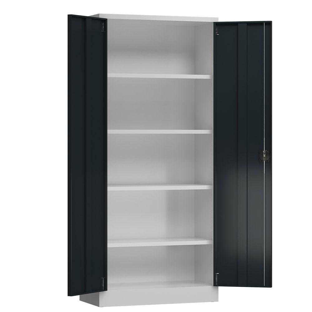 Aktenschrank, Büroschrank, abschließbar, Flügeltüren, 4 Fachböden, 1.800 x 800 x 380 mm (HxBxT), Stahl, Korpus und Türen lichtgrau