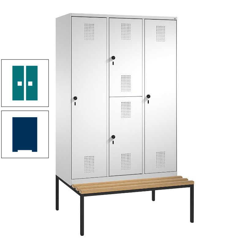 Garderobenschrank, Spind ein- und doppelstöckig Sitzbank, 3 Abteile, 4 Fächer, 2.090x1.200x500 mm (HxBxT), Front anthrazitgrau, Korpus anthrazitgrau
