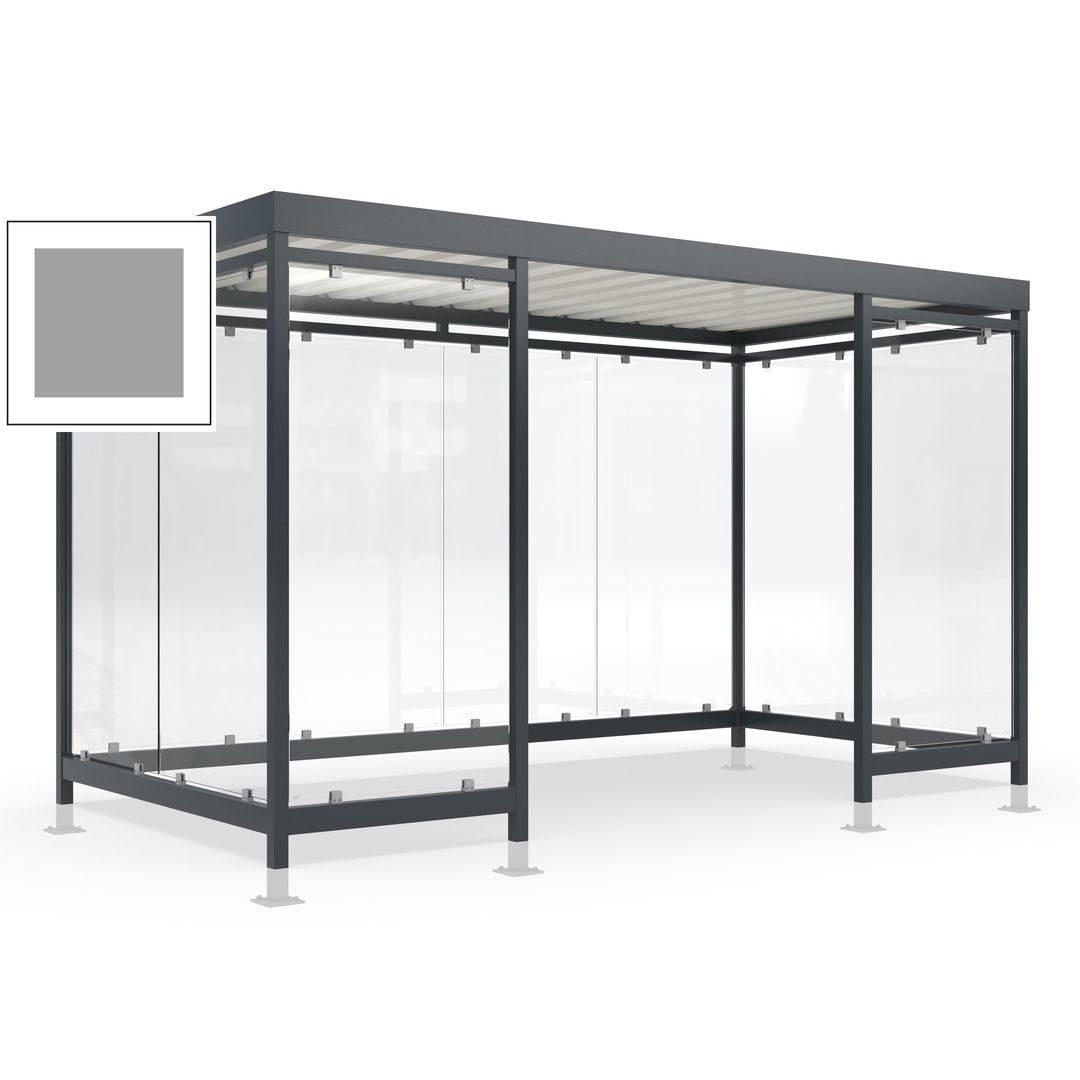 Raucherunterstand für 12-13 Personen, Bushaltestelle, mit Überpflasterung, 2.440 x 4.195 x 2.165 mm (HxBxT), 10 Wände, Achatgrau