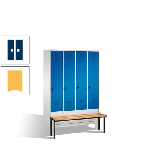 Stahl-Garderobenschrank, Spind, Buche Sitzbank vorgebaut, 4 Abteile a 300 mm, Korpus Lichtgrün, Tür Schwefelgelb, 1.850 x 1.200 x 815 mm (HxBxT)