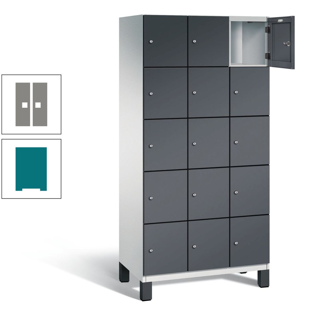 Fächerschrank, Stahlschrank, 15 Fächer, Türöffnungsbegrenzer, Füße, 1.980 x 900 x 525 mm (HxBxT), Korpus anthrazitgrau, Front anthrazitgrau