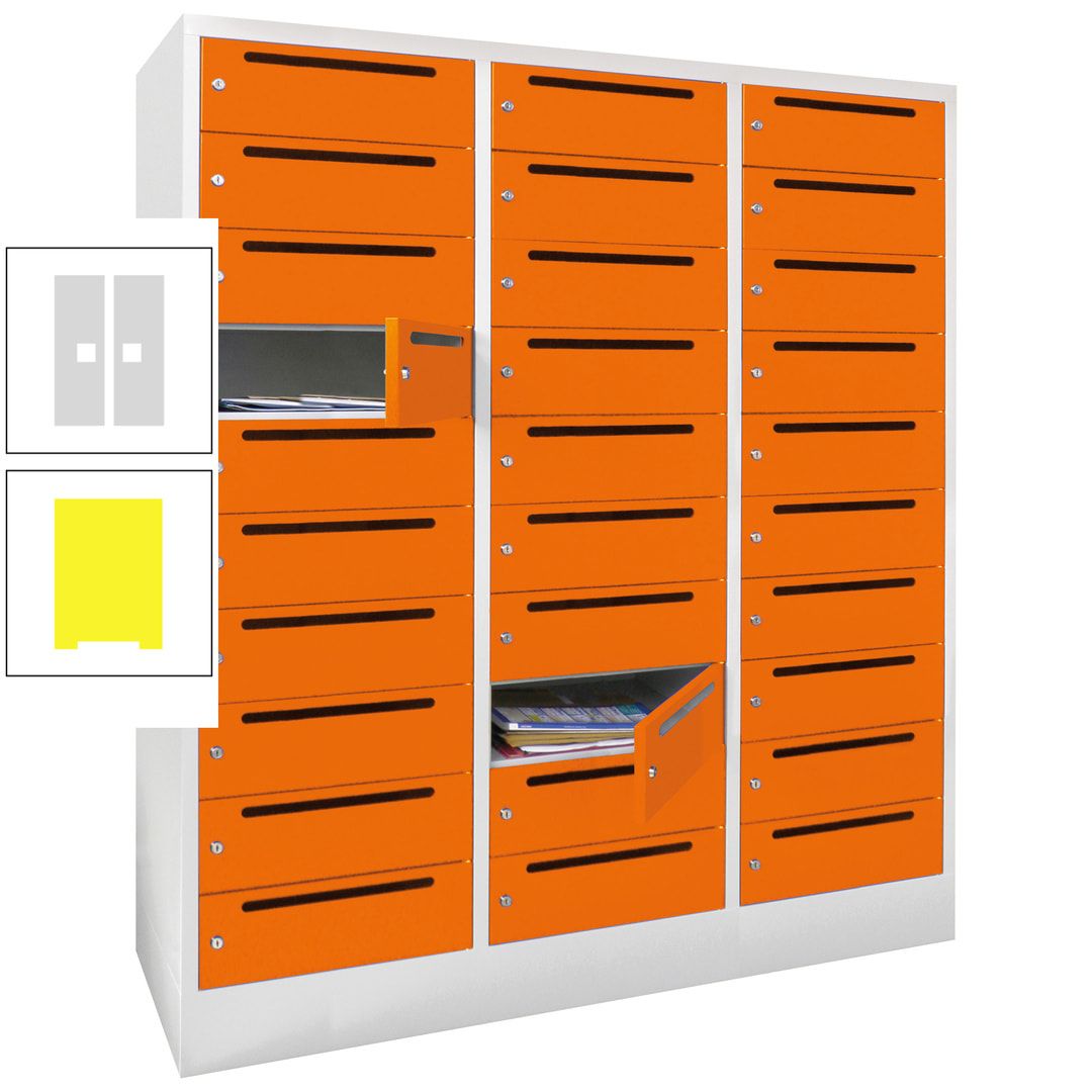 Postverteilerschrank, Schließfachschrank, 3 Abteile a 40 cm, 30 Fächer, 1.850 x 1.200 x 500 mm (HxBxT), Korpus anthrazitgrau, Front anthrazitgrau
