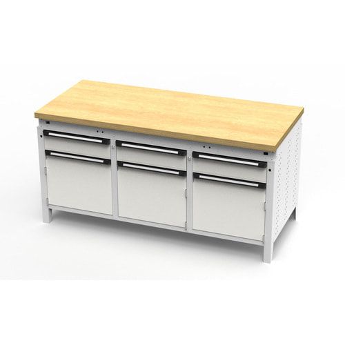 OTTOKIND Werkbank - bündige Arbeitsplatte - 850 x 1.695 x 750 mm (HxBxT) - 3 Schubladen - 3 Schränke - lichtgrau
