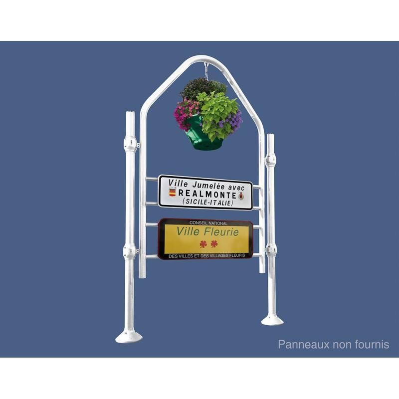 Begrüßungsschild, Willkommensschild, Stahlrohr, verzinkt, 3.140 x 1.722 mm (HxB), Pfostenkopf geb.Edelstahl, Bodenmontage, Farbe enzianblau
