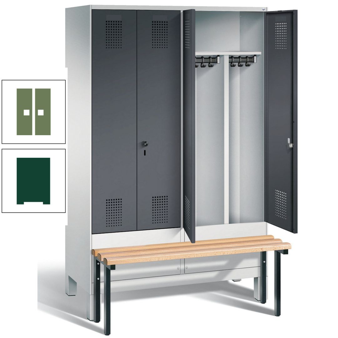Doppel-Spind, Garderobenschrank, Buche Sitzbank vorgebaut, 4 Abteile a 300 mm, Korpus feuerrot, Tür Wasserblau, 1.850 x 1.200 x 815 mm (HxBxT)