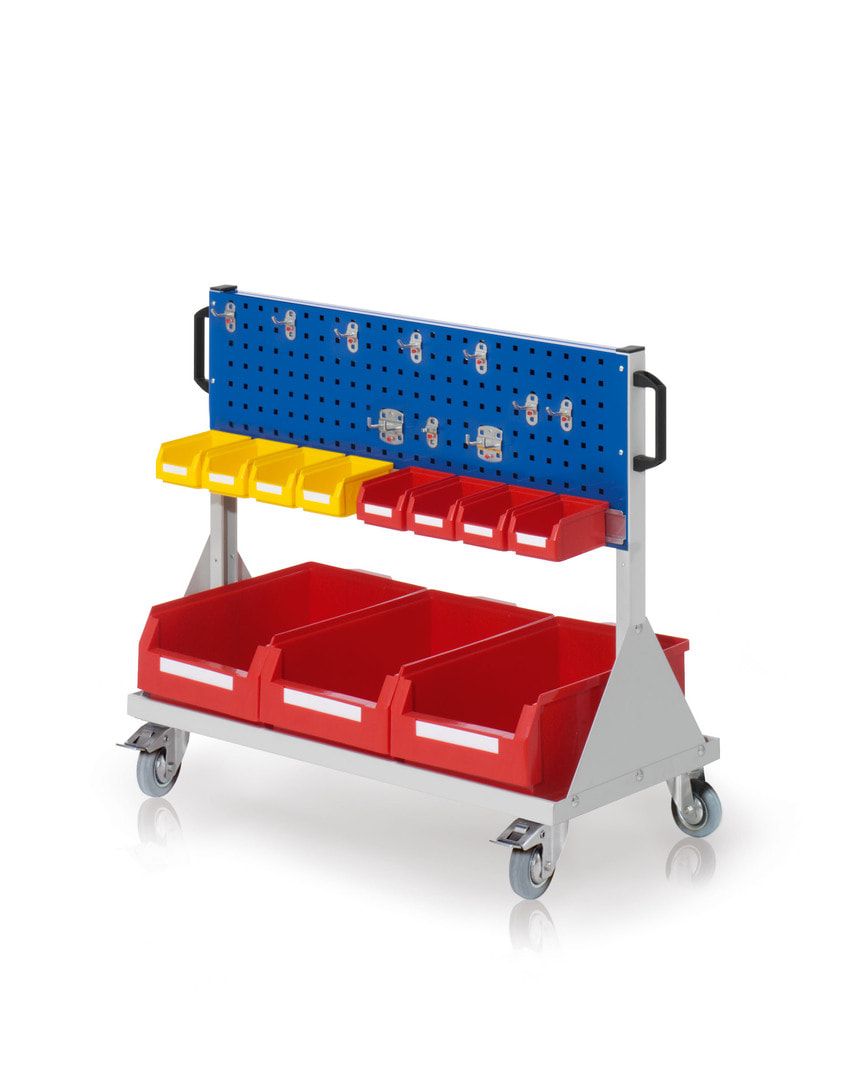Mobiler Rollwagen mit 10 Haltern und 11 Sichtlagerkästen, Lochplatte, Werkzeugwand, 890 x 1.000 x 500 mm (HxBxT), Anthrazitgrau