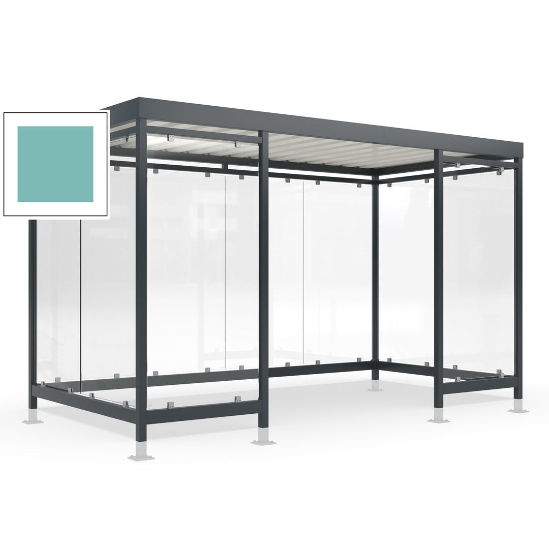 Raucherunterstand für 12-13 Personen, Bushaltestelle, mit Überpflasterung, 2.440 x 4.195 x 2.165 mm (HxBxT), 10 Wände, Achatgrau