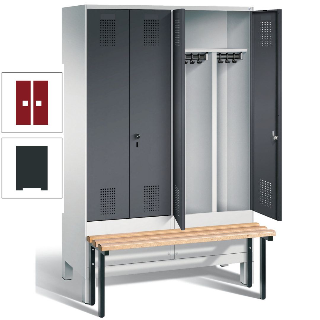 Doppel-Spind, Garderobenschrank, Buche Sitzbank vorgebaut, 4 Abteile a 300 mm, Korpus feuerrot, Tür Wasserblau, 1.850 x 1.200 x 815 mm (HxBxT)