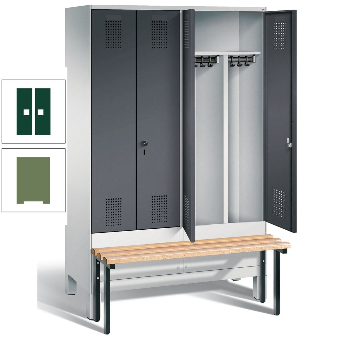 Doppel-Spind, Garderobenschrank, Buche Sitzbank vorgebaut, 4 Abteile a 300 mm, Korpus feuerrot, Tür Wasserblau, 1.850 x 1.200 x 815 mm (HxBxT)