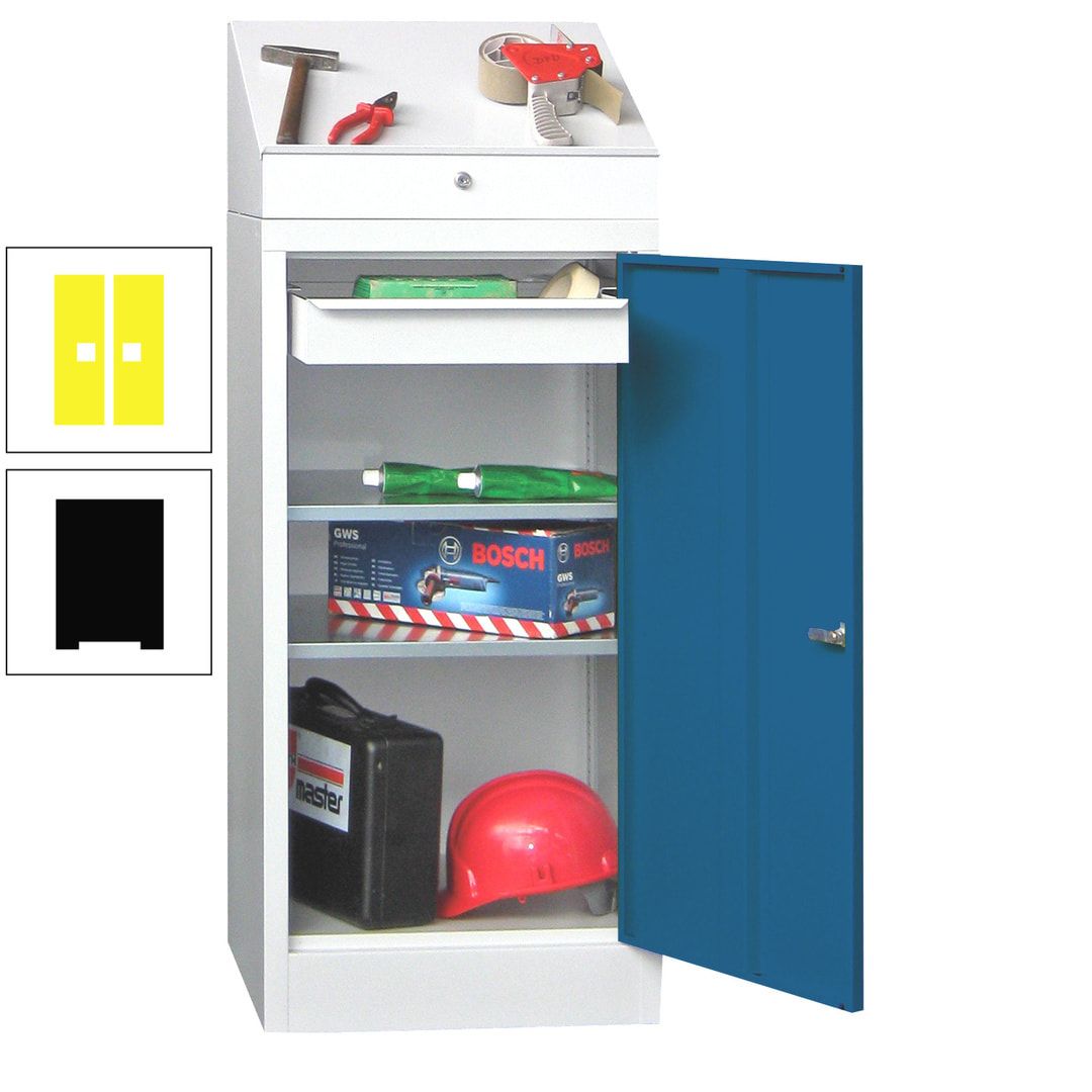 Stehpult mit Schrank - Vollblechtür - 1 Einlegeboden, 1 Ausziehboden, 1 Schublade - 1.270x500x500 mm (HxBxT) - anthrazitgrau