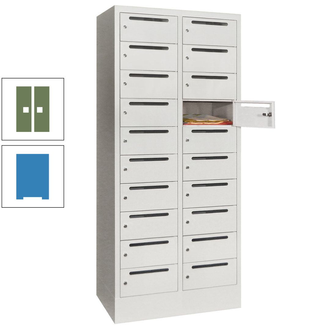 Postverteilerschrank, Schließfachschrank, 2 Abteile a 400 mm, 20 Fächer, 1.850 x 800 x 500 mm (HxBxT), Korpus anthrazitgrau, Front anthrazitgrau