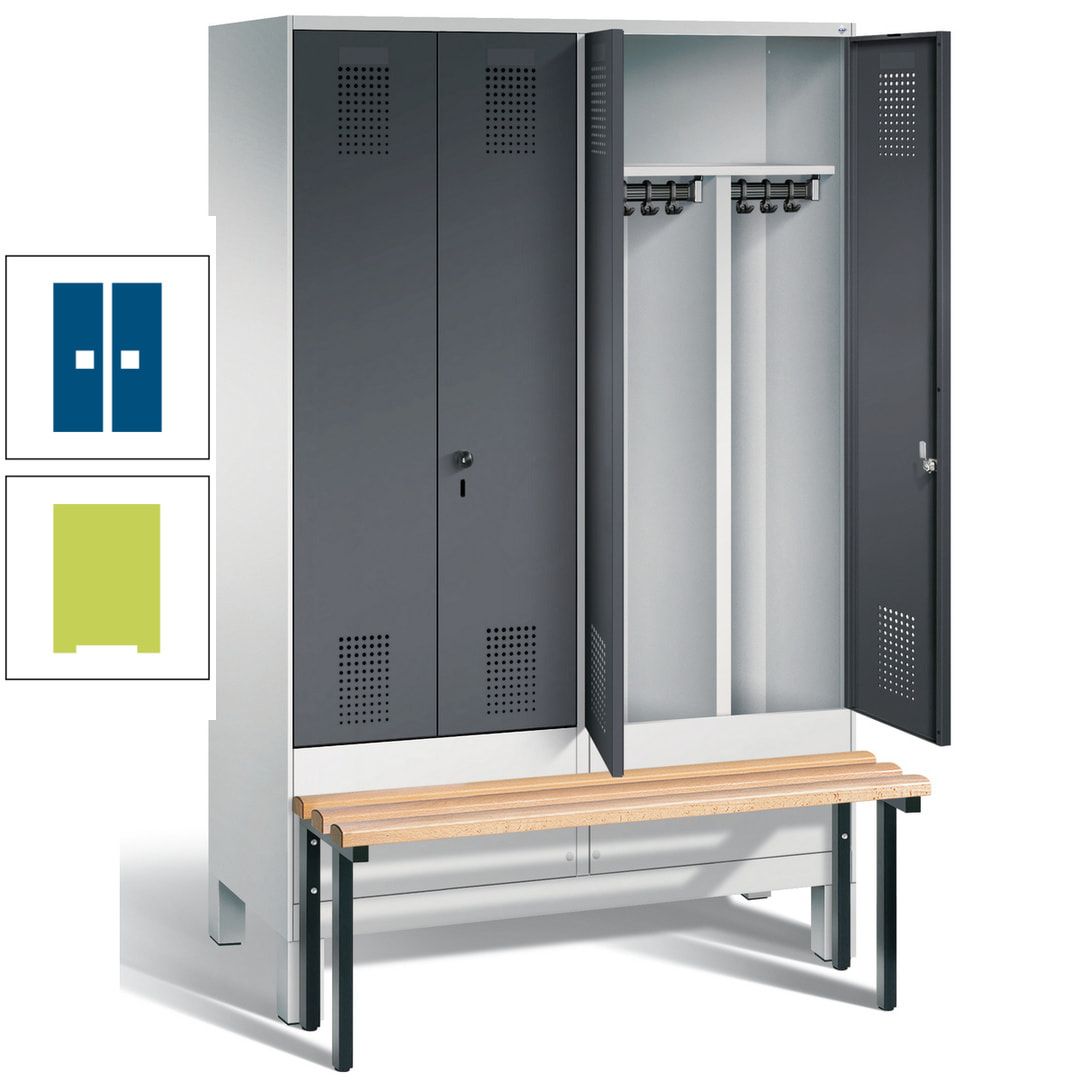 Doppel-Spind, Garderobenschrank, Buche Sitzbank vorgebaut, 4 Abteile a 300 mm, Korpus feuerrot, Tür Wasserblau, 1.850 x 1.200 x 815 mm (HxBxT)