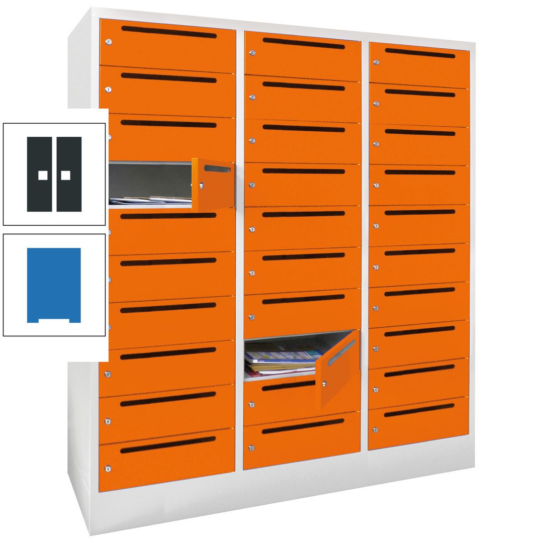 Postverteilerschrank, Schließfachschrank, 3 Abteile a 40 cm, 30 Fächer, 1.850 x 1.200 x 500 mm (HxBxT), Korpus anthrazitgrau, Front anthrazitgrau