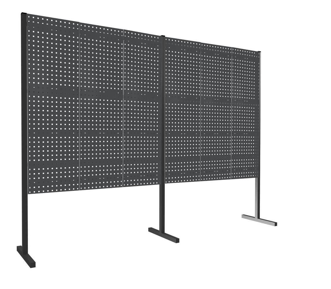 Modulare Trennwand, Werkzeugwand, Doppelfeld 180 Grad, 6 Lochplatten, Plattenhöhe 1.500 mm, 2.000 x 3.000 mm (HxB), Anthrazitgrau (RAL 7016)