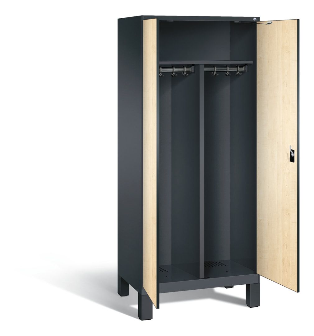 Doppel-Spind, Garderobenschrank mit Füßen, 2 Abteile a 400 mm, Korpus anthrazitgrau, Tür Dekorfront HPL Donau-Ahorn, 1.850 x 800 x 500 mm (HxBxT)