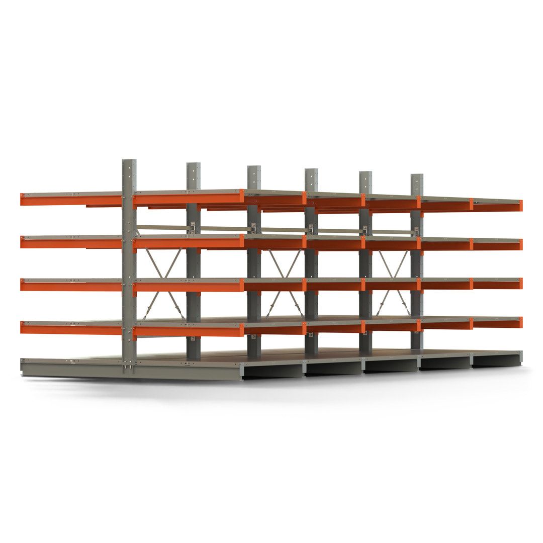 Doppelseitiges Kragarmregal mit Fachböden, 2 Felder, 2.000 x 2.000 (HxB), Nutztiefe 1.000 mm, Kragarmlast 450 kg, KARL basic, silbergrau/reinorange