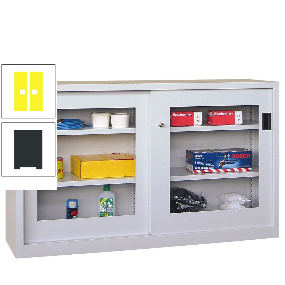 Schiebetürenschrank - Sichtfenstertüren - 1.000x1.500x600 mm (HxBxT) - 4 Böden, verzinkt - Zylinderschloss - anthrazitgrau