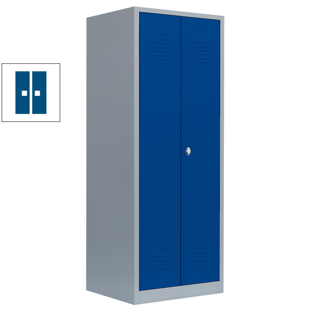 Mehrzweckschrank, Garderobenschrank, 2 Abteile, 6 Fächer, 1.800 x 800 x 500 mm (HxBxT), Kleiderstange, Stahl, Korpus: lichtgrau, Front: enzianblau