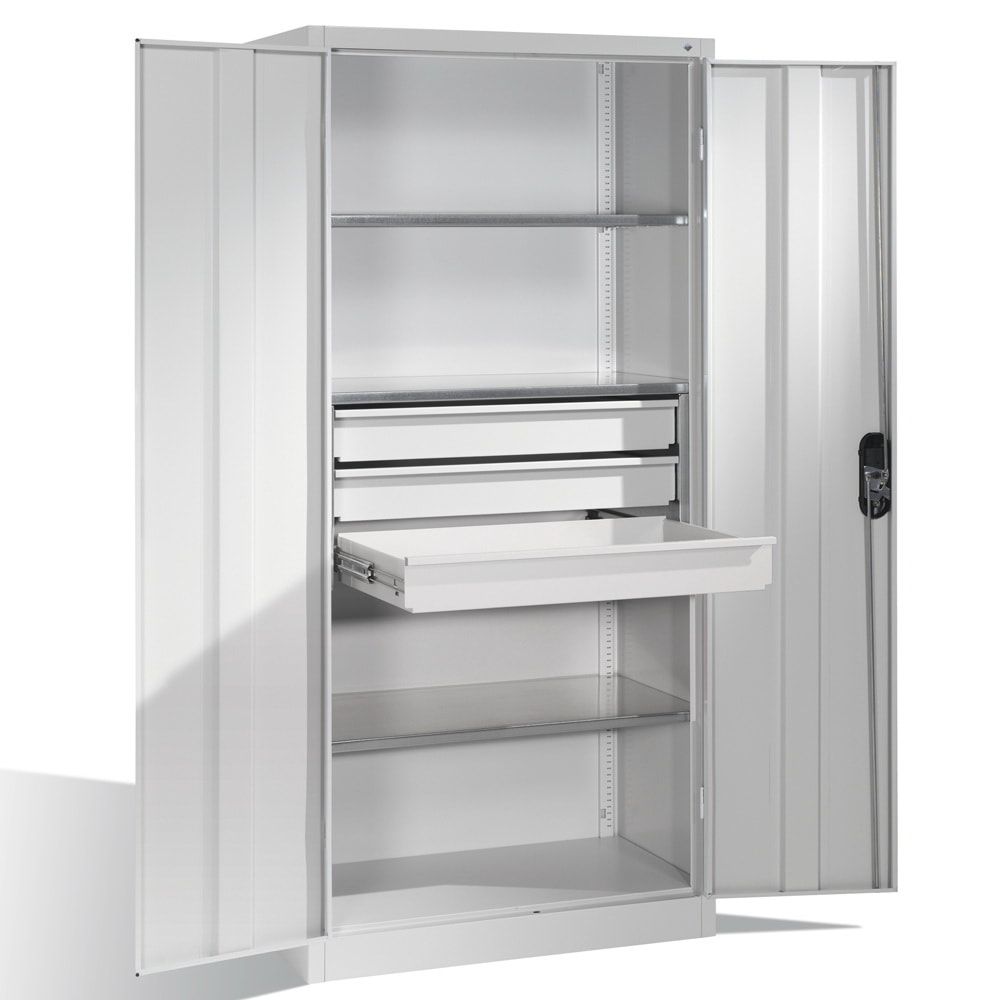C+P Großraum Werkzeugschrank, Maschinenschrank, 3 Fachböden, 3 Schubladen mittig, Farbe lichtgrau, 1.950 x 1.200 x 500 (HxBxT)