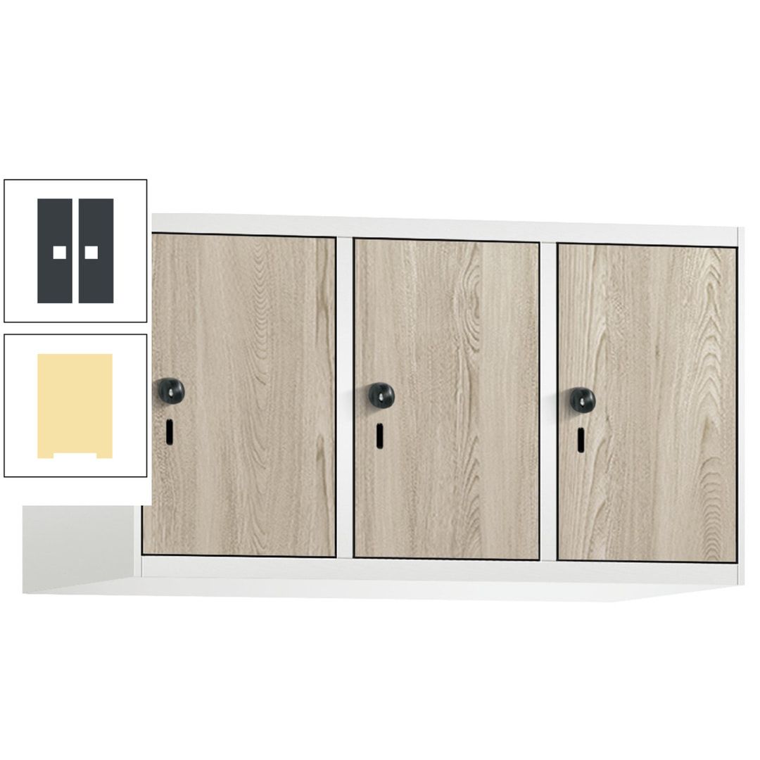 Aufsatzschrank, Schrankaufsatz, 3 Fächer a 300 mm, Farbe Pastellgelb, Tür anthrazitgrau, 500 x 900 x 500 mm (HxBxT)