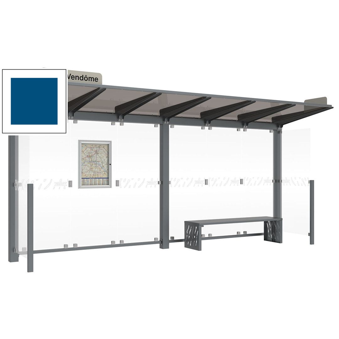 Buswartehalle - Unterstand - 2 Seitenverkleidungen - LED - Fahrplankasten - Haltestellenschild - 2.390 x 5.000 x 1.500 mm (HxBxT) - enzianblau