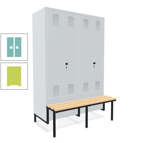 Doppel-Spind, Garderobenschrank, Buche Sitzbank integriert, 4 Abteile 300 mm, Korpus anthrazitgrau, Tür anthrazitgrau, 1.850 x 1.200 x 815 mm (HxBxT)