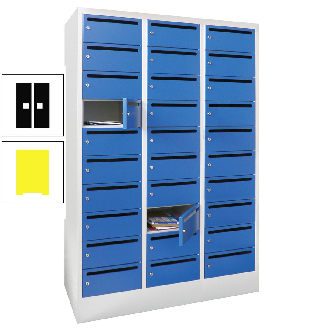Postverteilerschrank, Schließfachschrank, 3 Abteile a 300 mm, 30 Fächer, 1.850 x 900 x 500 mm (HxBxT), Korpus anthrazitgrau, Front anthrazitgrau