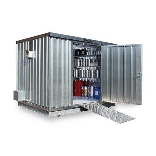 Gefahrstoffcontainer - Gefahrstoffdepot - 2.350 x 3.050 x 2.170 mm (HxBxT) - Auffangvolumen 1.030 l - Dauerlüfter - Doppelflügeltür kurze Seite