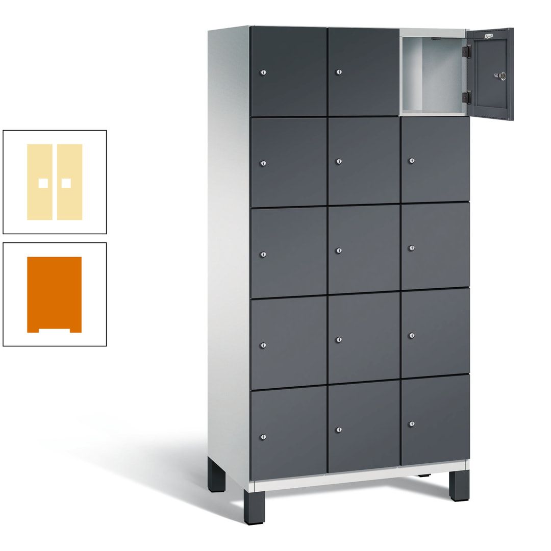 Fächerschrank, Stahlschrank, 15 Fächer, Türöffnungsbegrenzer, Füße, 1.980 x 900 x 525 mm (HxBxT), Korpus anthrazitgrau, Front anthrazitgrau