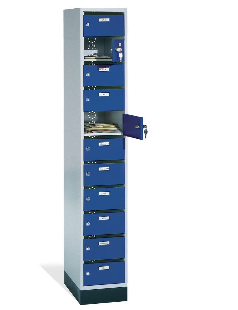 Postverteilerschrank, Schließfachschrank, mit Sockel, 11 Fächer, 1.950 x 320 x 500 mm (HxBxT), Korpus lichtgrau, Tür anthrazitgrau