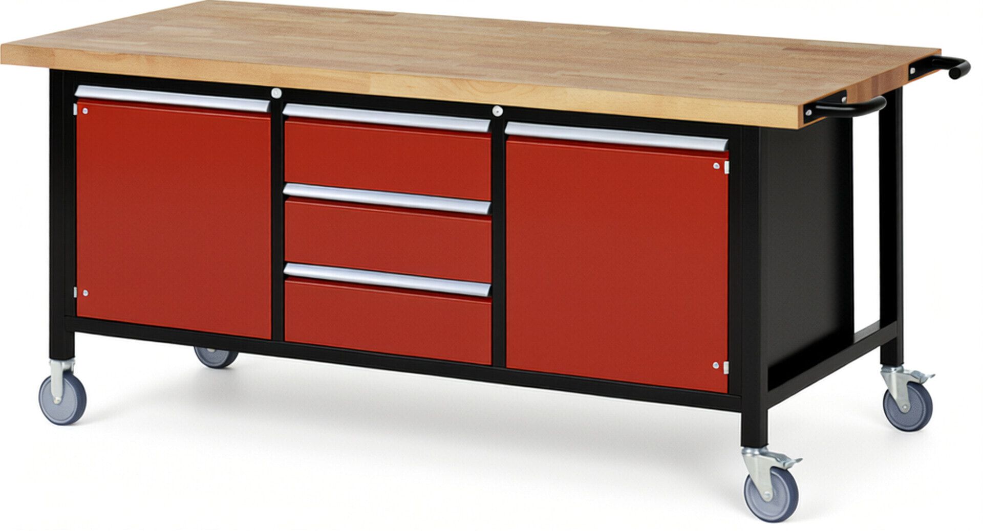 Mobile Werkbank, 2 Schränke - 3 Schubladen - Teilauszug - 180:3 - Höhe 880-1.080 mm - 2.000 x 900 mm - 450 kg - Buche - Anthrazitgrau