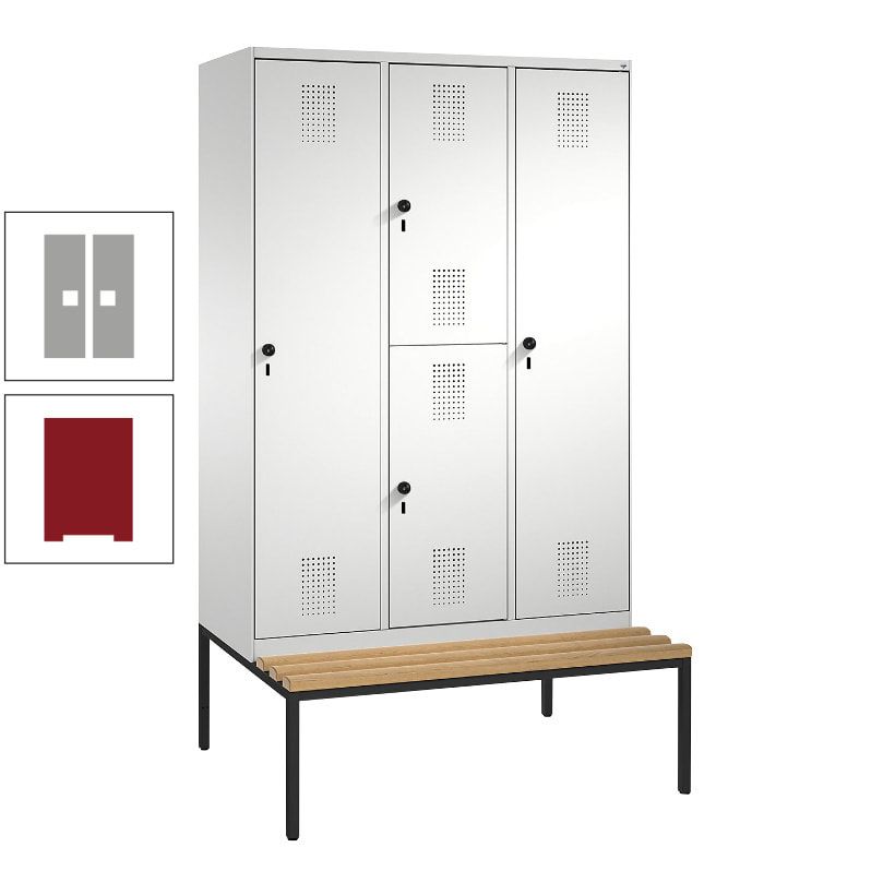 Garderobenschrank, Spind ein- und doppelstöckig Sitzbank, 3 Abteile, 4 Fächer, 2.090x1.200x500 mm (HxBxT), Front anthrazitgrau, Korpus anthrazitgrau