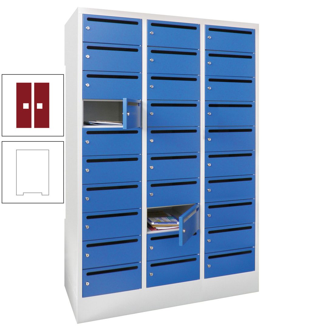 Postverteilerschrank, Schließfachschrank, 3 Abteile a 300 mm, 30 Fächer, 1.850 x 900 x 500 mm (HxBxT), Korpus anthrazitgrau, Front anthrazitgrau